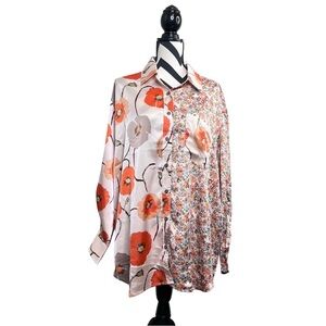 NWT Entro Poppy Boho Bloomcore Floral Sz L Long-Sleeve Button-Down Satin Blouse